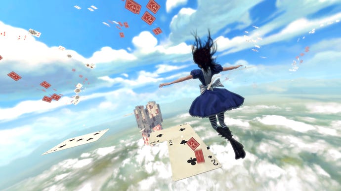 Alice soars through the sky over platforms of playing cards in an Alice: Madness Returns screenshot.