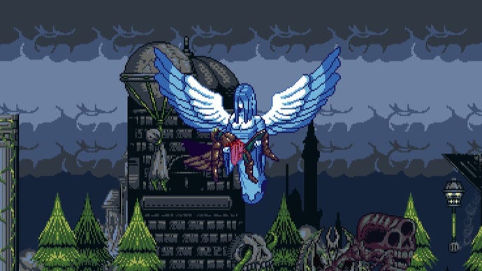 A screenshot of the Castlevania platformer game Angel's Gear where a blue angel is holding aloft the body of the protagonist