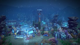 A screenshot of Aquatico showing some futuristic buildings constructed at the bottom of the ocean.