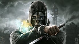 A key art short of Corvo from Dishonored, in his clockwork-skull mask with hood up, and his arms forming an x shape in front of his chest. One hand holds his knife, and the other has the mark of the Outsider glowing on it