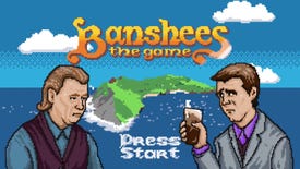 Pixelated versions of Colin Farrell and Brendan Gleeson stare at each other in the main menu for Banshees: The Game