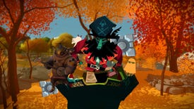 A composite image from puzzle games: LeChuck from Return To Monkey Island, some weighted cubes from Portal, little ghosts from How To Say Goodbye and a banjo-playing alien from Outer Wilds, all in a forest from The Witness