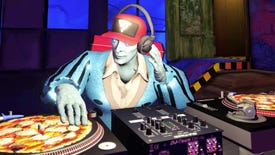 An eerie grey pizza delivery man plays two pizzas like records at a DJ booth in Betrayal At Club Low.