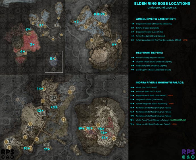 A map of the Underground Layer regions in Elden Ring, with the locations of every single boss encounter marked and numbered.