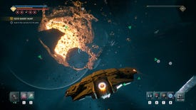 Flying towards a planet that's had a huge hole carved in its side, exposing the molten core, huge chunks of planet floating in space, in a screen from Everspace 2