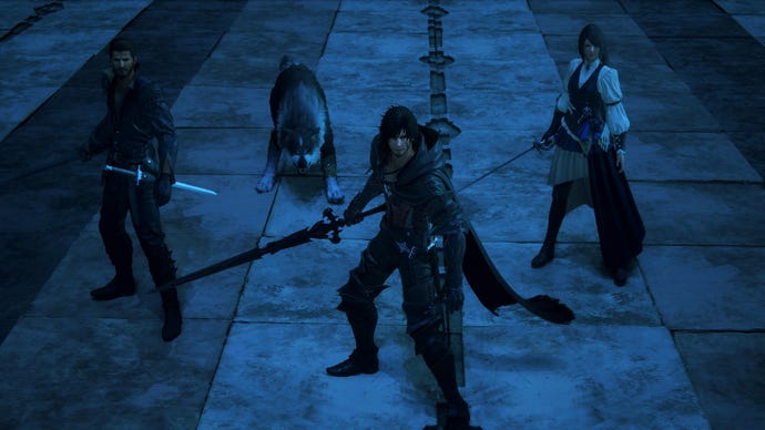 Four party members (including the dog) in Final Fantasy 16.