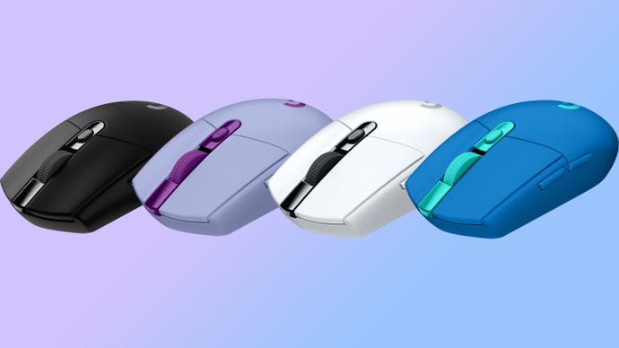 a photo of four logitech g305 lightspeed mice in front of a blue gradient backdrop