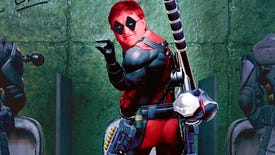 Deadpool standing with his back to camera in front of urinal, with the face of Gabe Newell