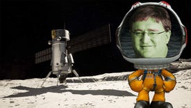 A character from Kerbal Space Program standing next to a rocket on a moon, but the Kerbal character has the face of Gabe Newell