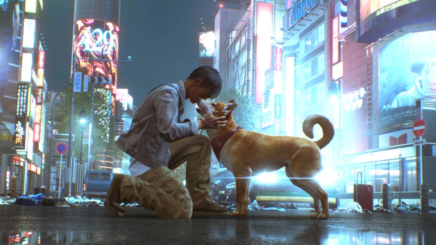 Kissing a dog in a Ghostwire: Tokyo screenshot.