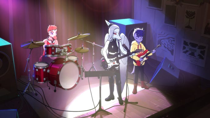 A group of monster teens playing in a band onstage in Goodbye Volcano High