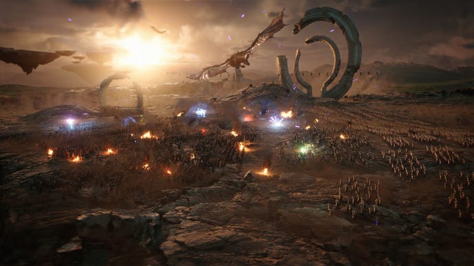 A cinematic shot of the Ever War, a huge battlefield with flashes of coloured magic on the ground and dragons soaring above, from Immortals Of Aveum
