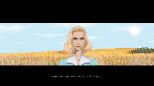 Loretta, from her titular game, a blonde woman standing in front of some golden cornfields, staring at the camera