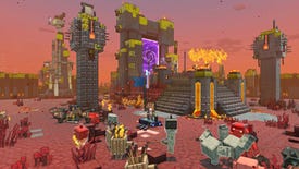 A battle takes place outside a Nether Portal in Minecraft Legends.