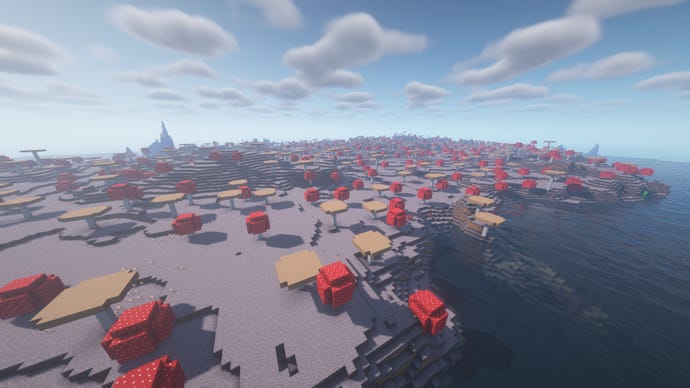 A giant Mooshroom Island biome in Minecraft, surrounded by ocean.