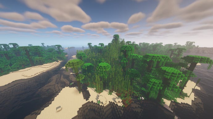 Islands in Minecraft, covered in Jungle trees and Bamboo Forest.