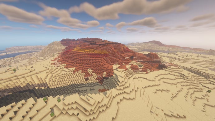 A badlands biome in Minecraft, surrounded by desert.