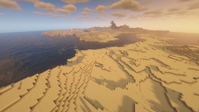 A sprawling coastal desert biome in Minecraft, with almost no trees in sight for miles around.