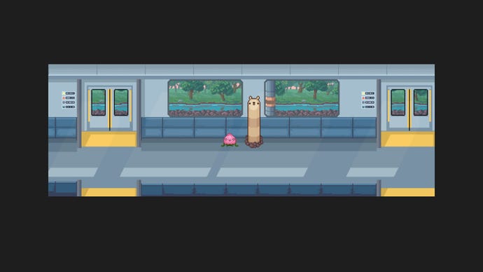 Saitou, a llamaworm, and Brandon, a pink pickle thing, ride a train together in Mr. Saitou.