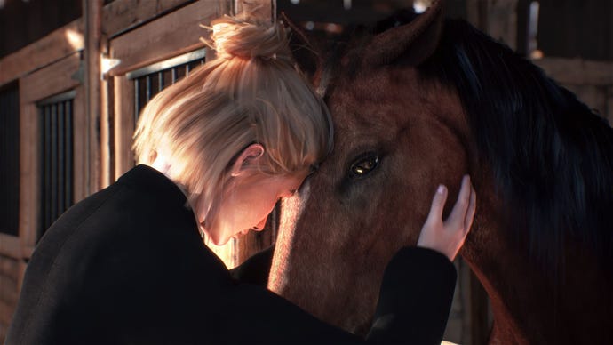 The player character, a perky blonde woman with a bob, bonding with a chestnut horse in My Horse: Bonded Spirits