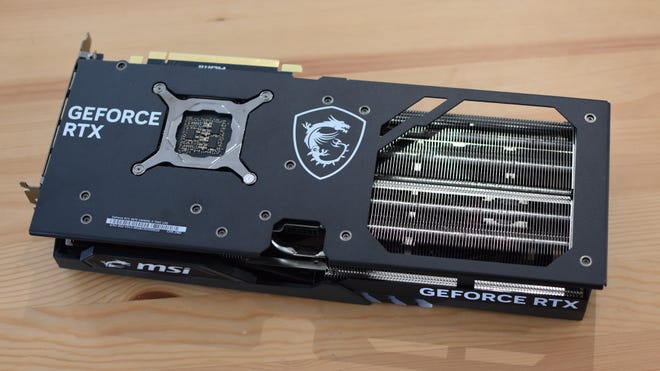 A view of the backplate on the MSI GeForce RTX 4070 Gaming X Trio graphics card.
