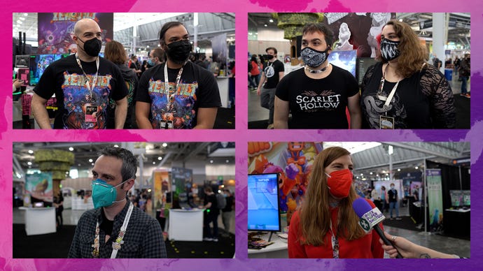A grid of four images displaying six indie developers being interviewed by Rock Paper Shotgun