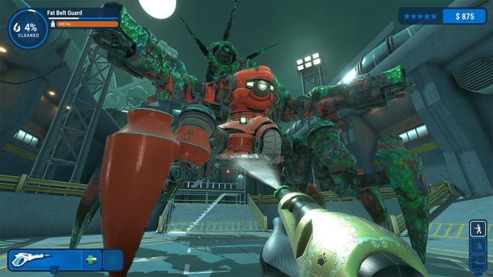 Cleaning a giant robot with gun arms in PowerWash Simulator's Midgar Special Pack
