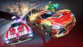 Promotional Rocket League art for Season 3 showcasing three cars next to each other speeding away from a goal.
