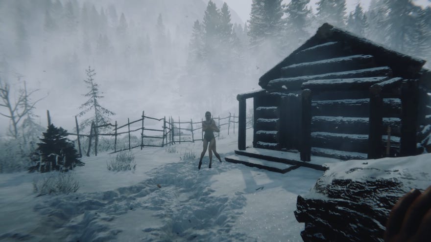 A player holding a log approaches Virginia as she shivers in the snow in Sons of the Forest.