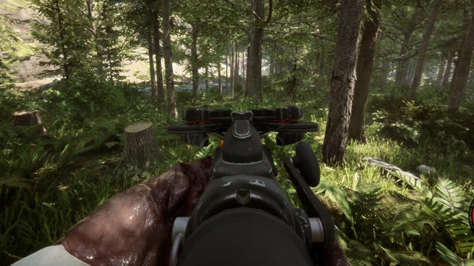 The player in Sons Of The Forest aims their Crossbow towards a mutant hidden in the treeline.