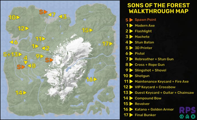 A full map of Sons Of The Forest, with several important points of interest marked and a key on the right-hand side explaining what each marker signifies.