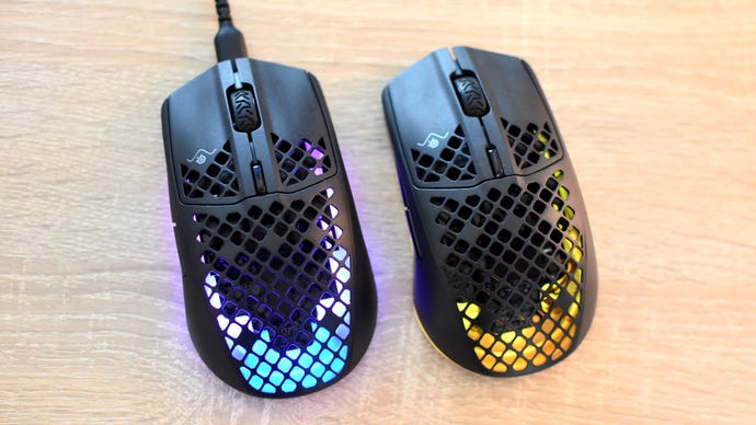 A photo of the SteelSeries Aerox 3 and Aerox 3 wireless mice side by side.
