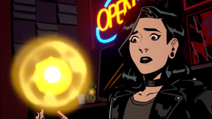 Black haired lady looks worried as she stares at a ball of light in Stray Gods: The Roleplaying Musical