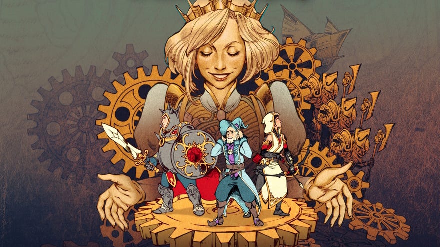 Key art for Trine 5: A Clockwork Conspiracy showing the three heroes standing on a large cog with an evil princess behind them.