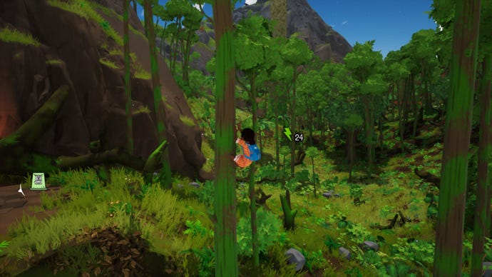 A Tchia screenshot showing Tchia climb a tall tree in a thick jungle