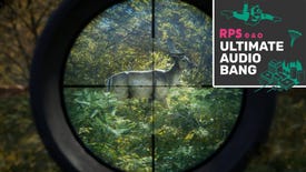 Crosshairs focus on a deer's heart in the Hunter: Call Of The Wild (with added UAB podcast logo in the top right corner).