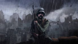 A depressed-looking First World War soldier, side unknown, sitting leaning on his rifle in the rain, drawn in a patchy oil-painting style, from a cutscene in The Great War: Western Front