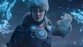 A Kislev ice witch charges her magic in the Total War: Warhammer 3 cinematic trailer.