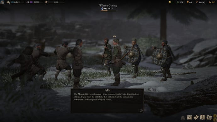 Two traveling groups meet on rocky ground, the text box describes a tense meeting in Wartales