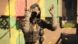 A player in XDefiant wearing a bird mask poses in front of the camera.